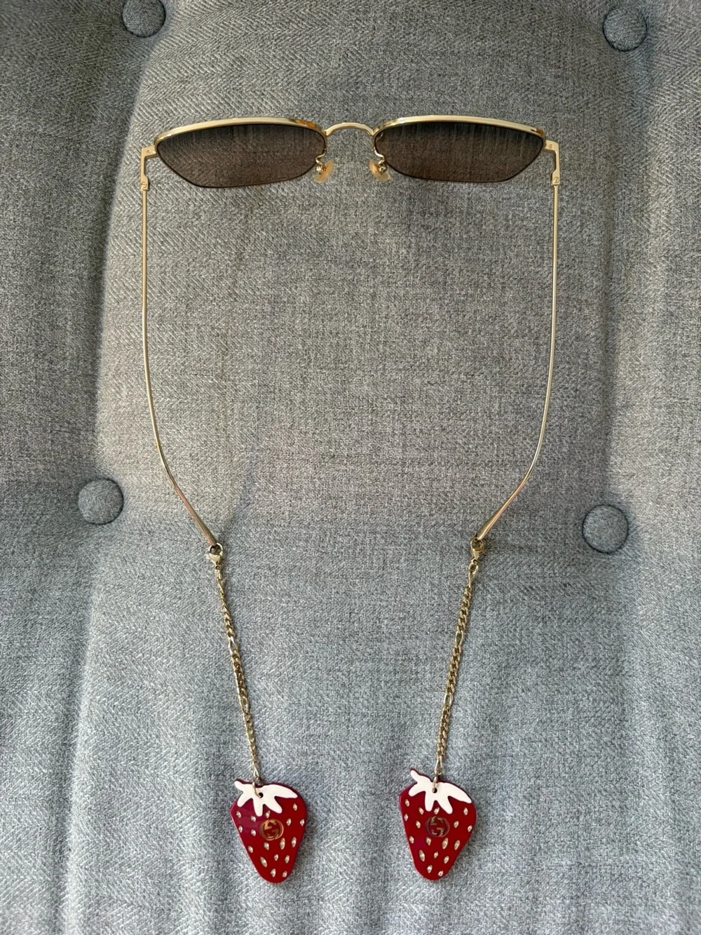 Gucci Oversized Square Gold Metal Sunglasses Strawberry Charms $625 GG1030SK